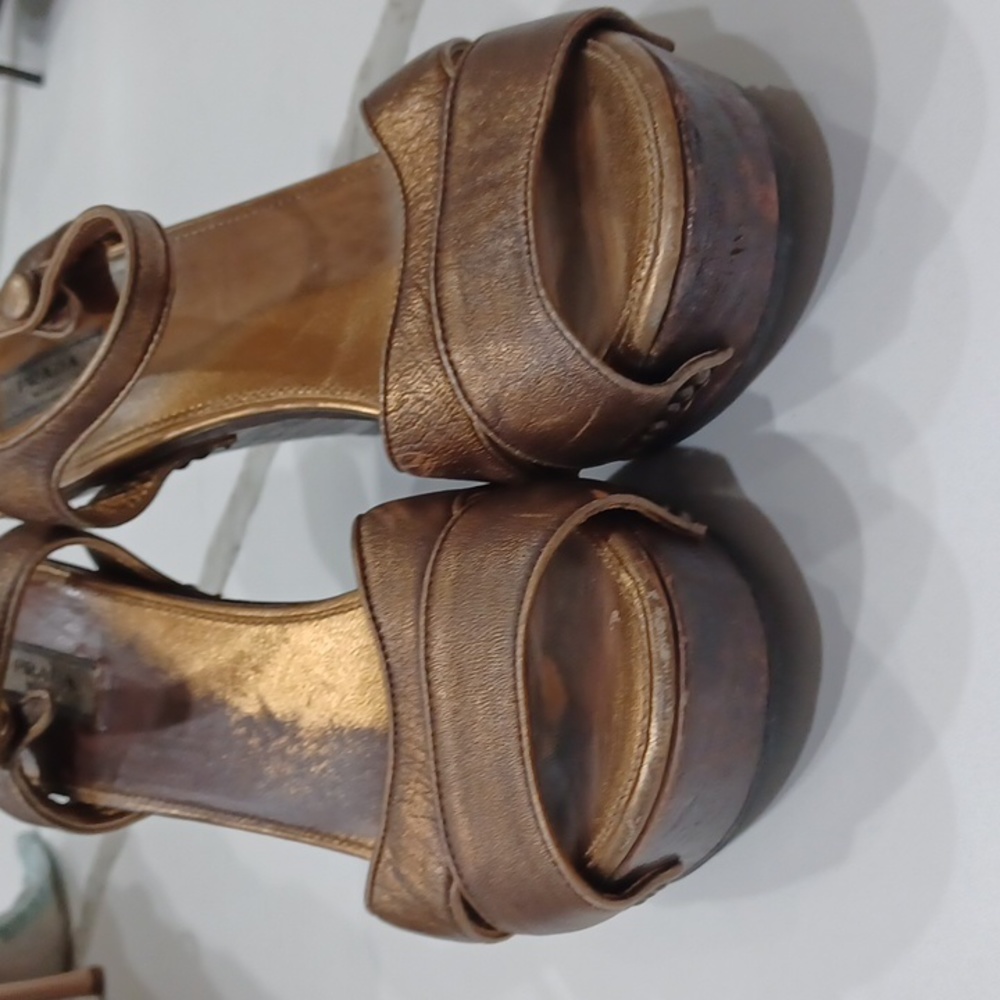 Prada Gold/Bronze Metallic Wooden Wedge Heels EU 37 - Picture 13 of 13